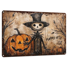 Primitive Scarecrow Halloween Decor Metal Sign Indoor Outdoor front view