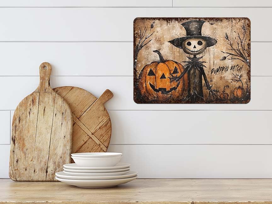 Packaging image for Primitive Scarecrow Halloween Decor Metal Sign