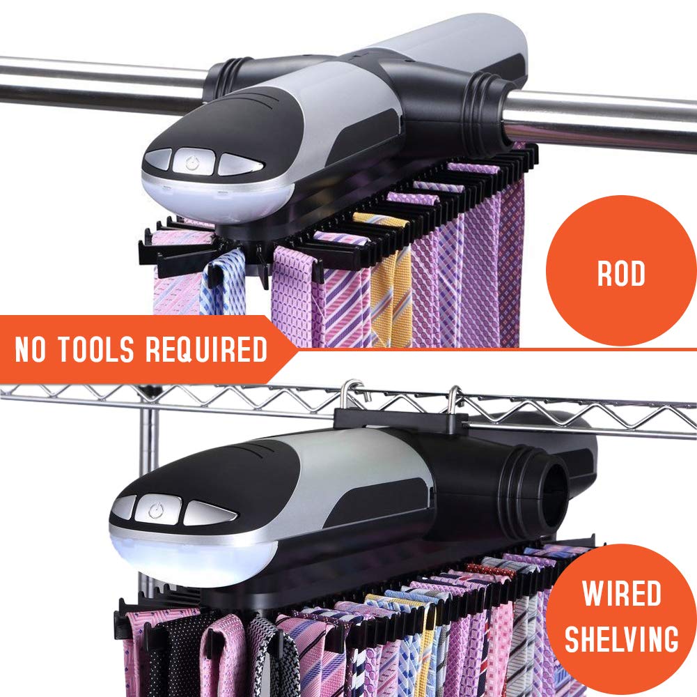 Rotating tie rack fits rod up to 1.3 inch diameter