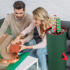 Gift wrap storage bag reinforced top handle hanging option