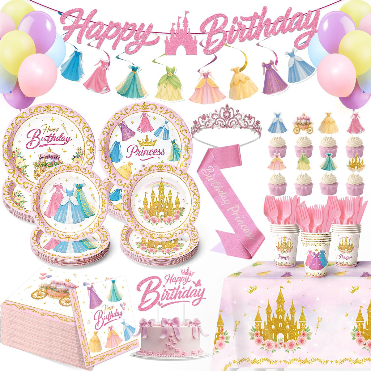 199-piece Princess party kit includes banner crown sash and tablecloth