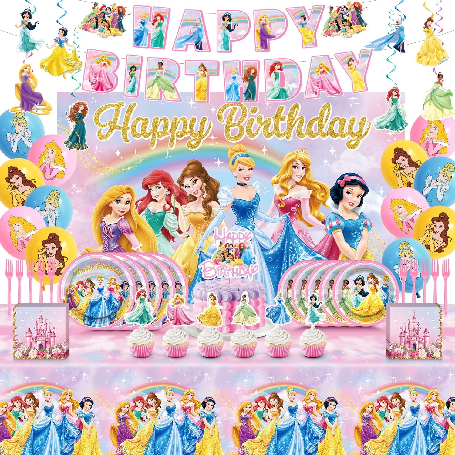 Backdrop for Princess Birthday Party Decorations set photo-ready stage