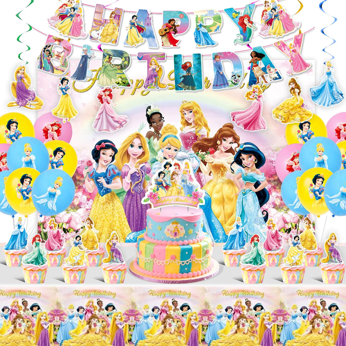 Princess Birthday Party Supplies banner and backdrop