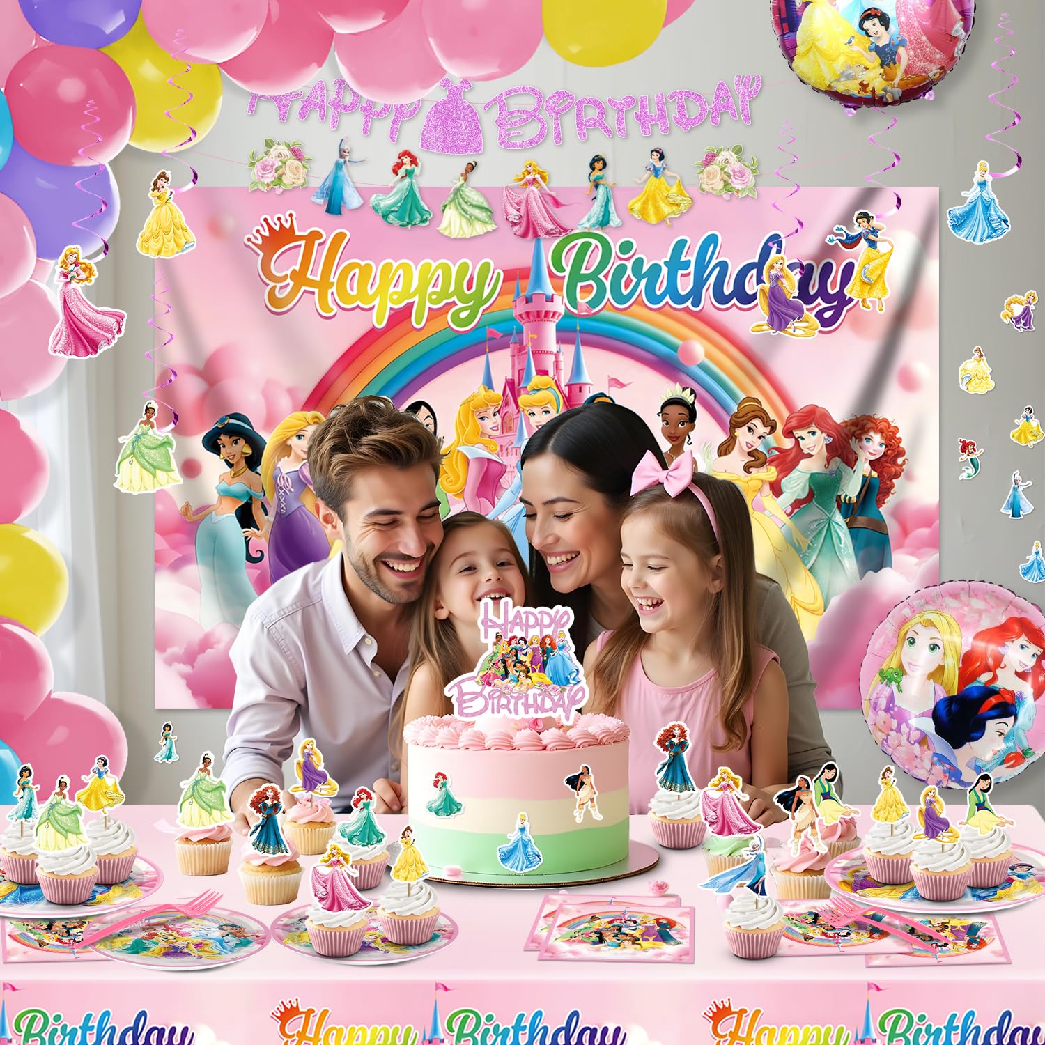 Princess Birthday Decorations tableware set with utensils and plates