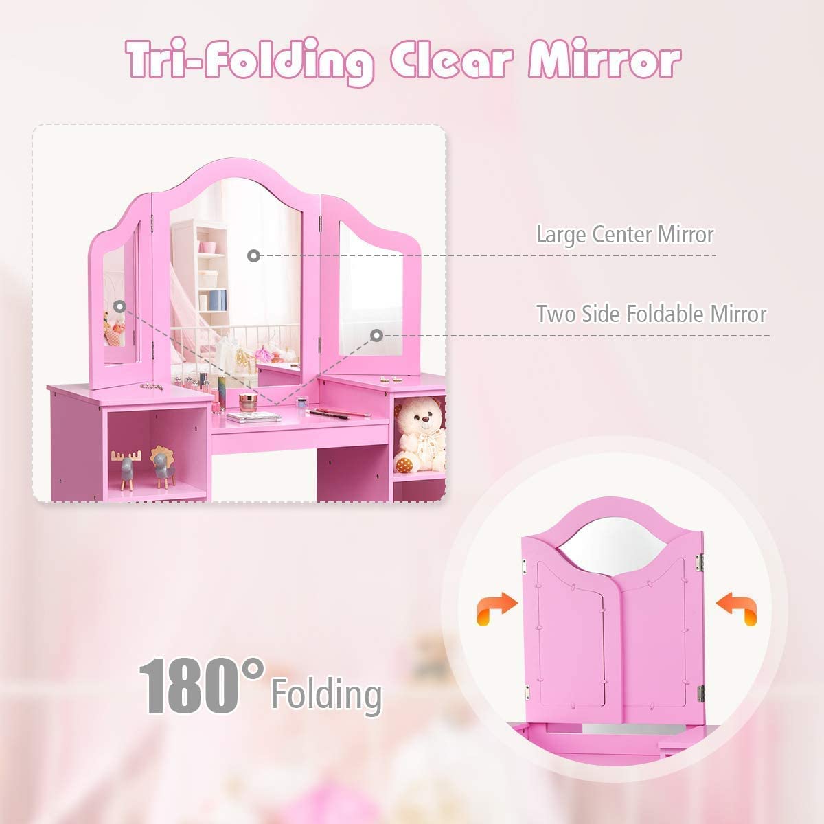 Detachable three-fold mirror on vanity desk