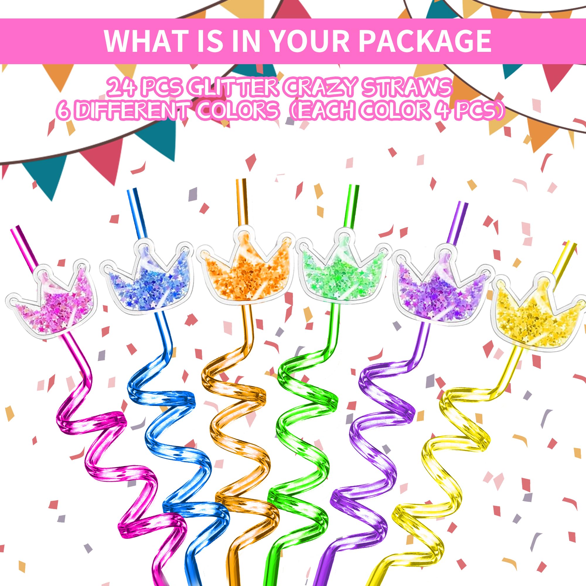Princess party glitter straws set with crown charms