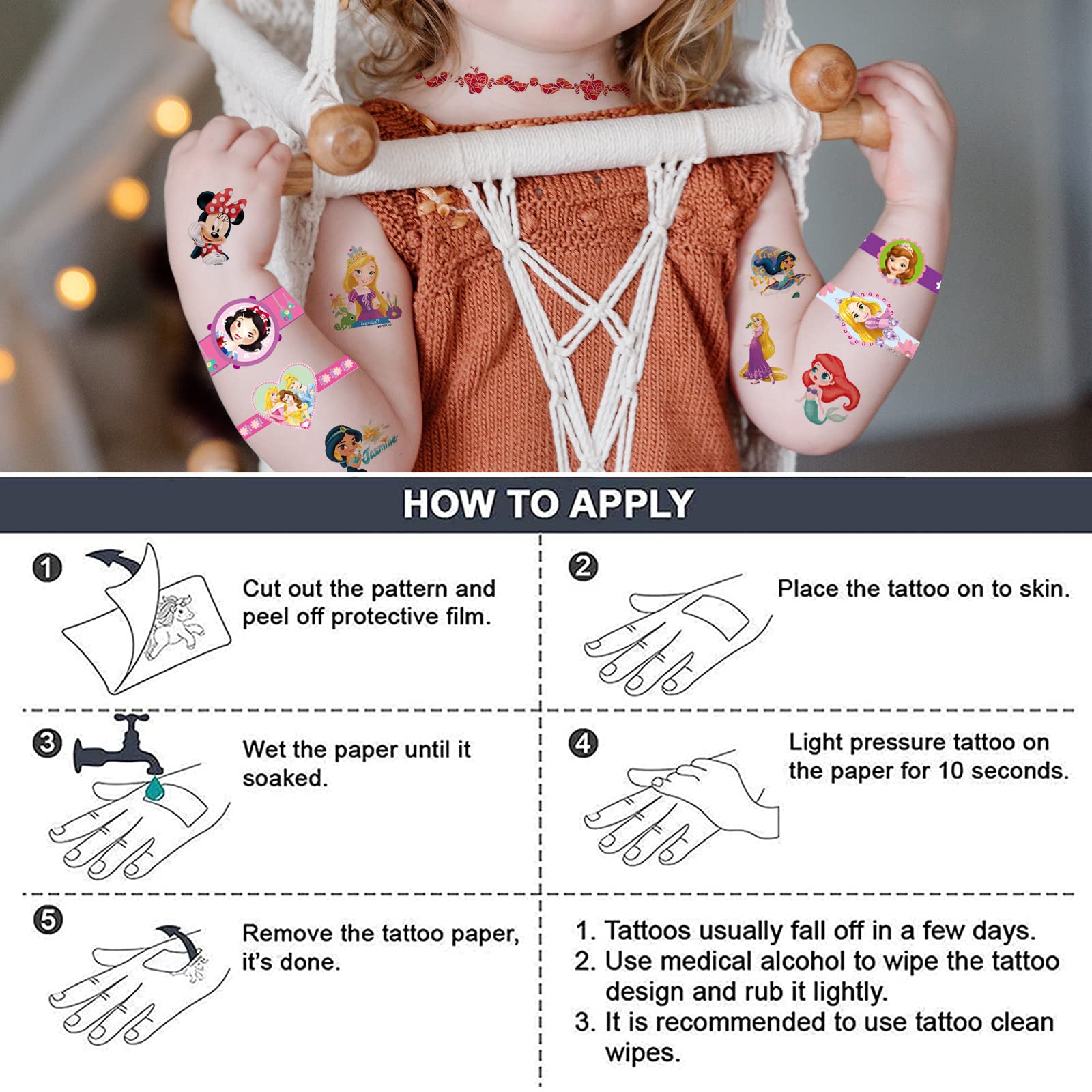 Kids party favors with princess cartoon tattoos