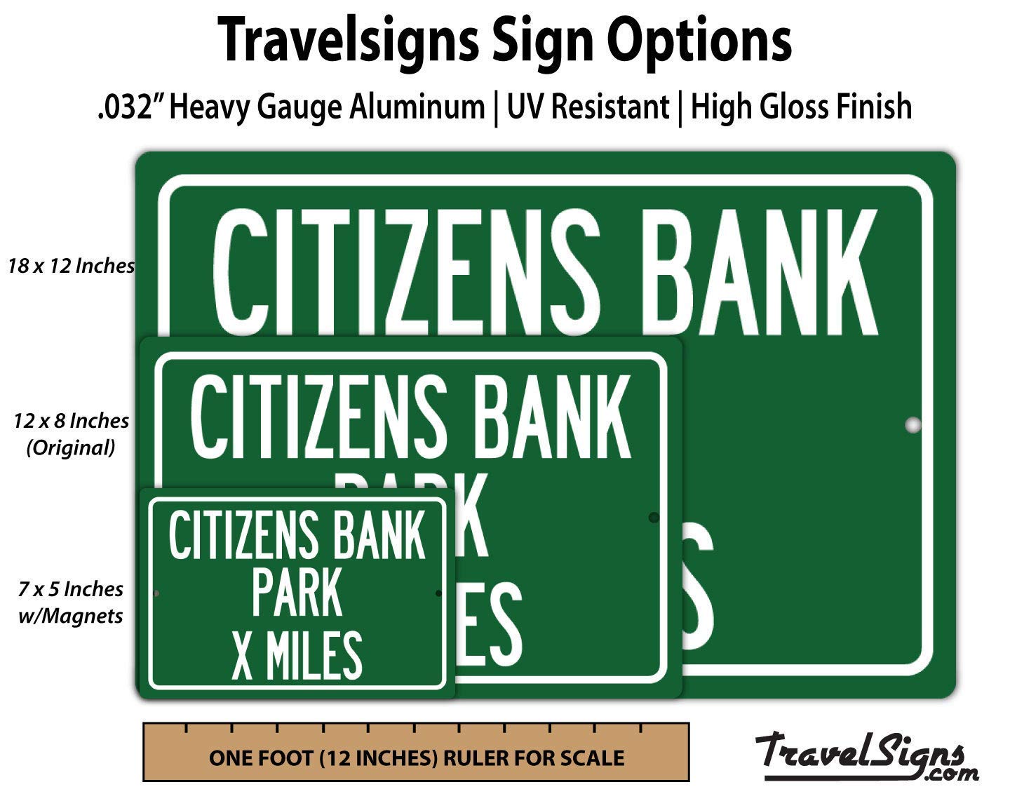 Printed aluminum distance sign ready to hang for Citizens Bank Park