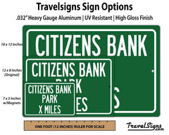Printed aluminum distance sign ready to hang for Citizens Bank Park