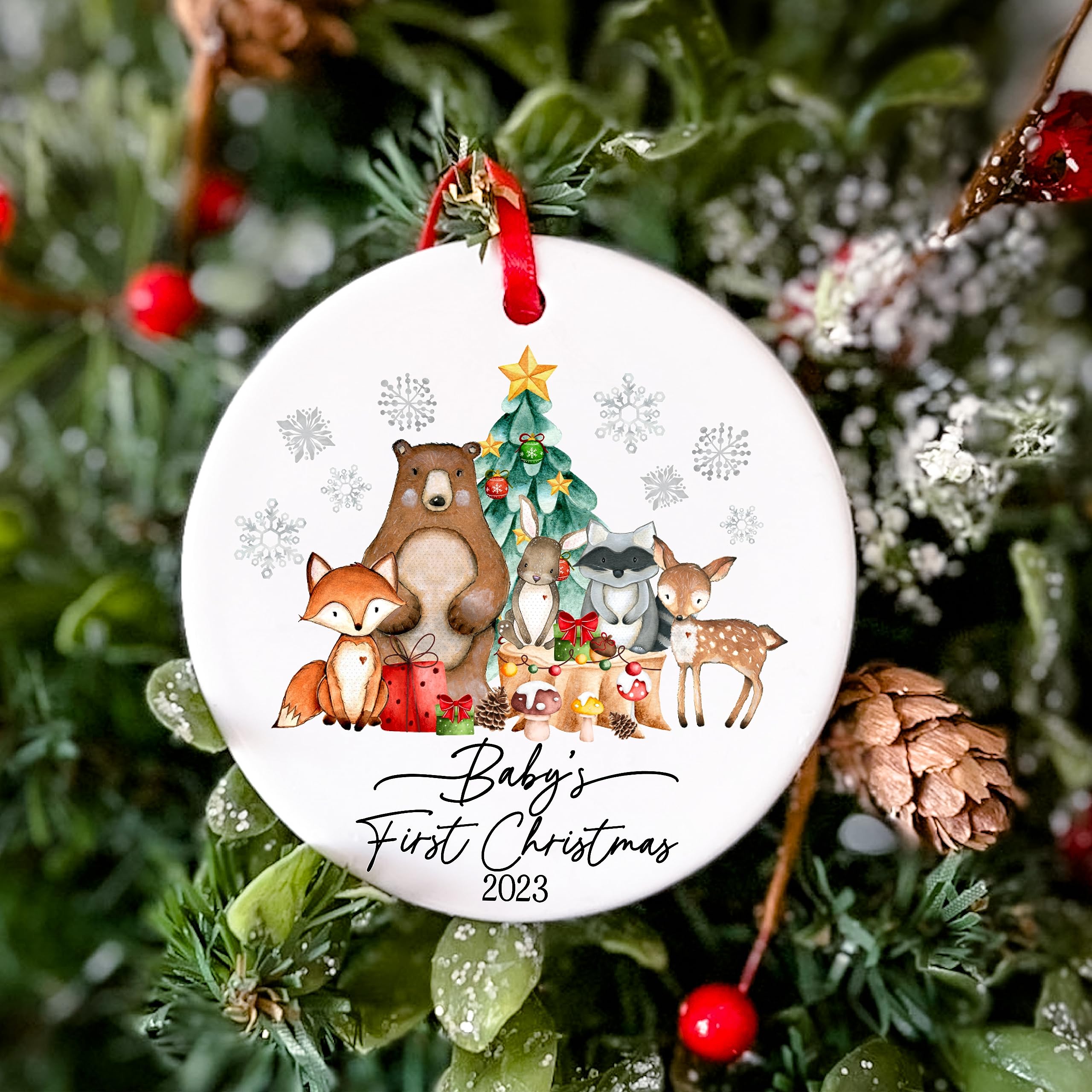 Printed text on ornament for baby's first christmas