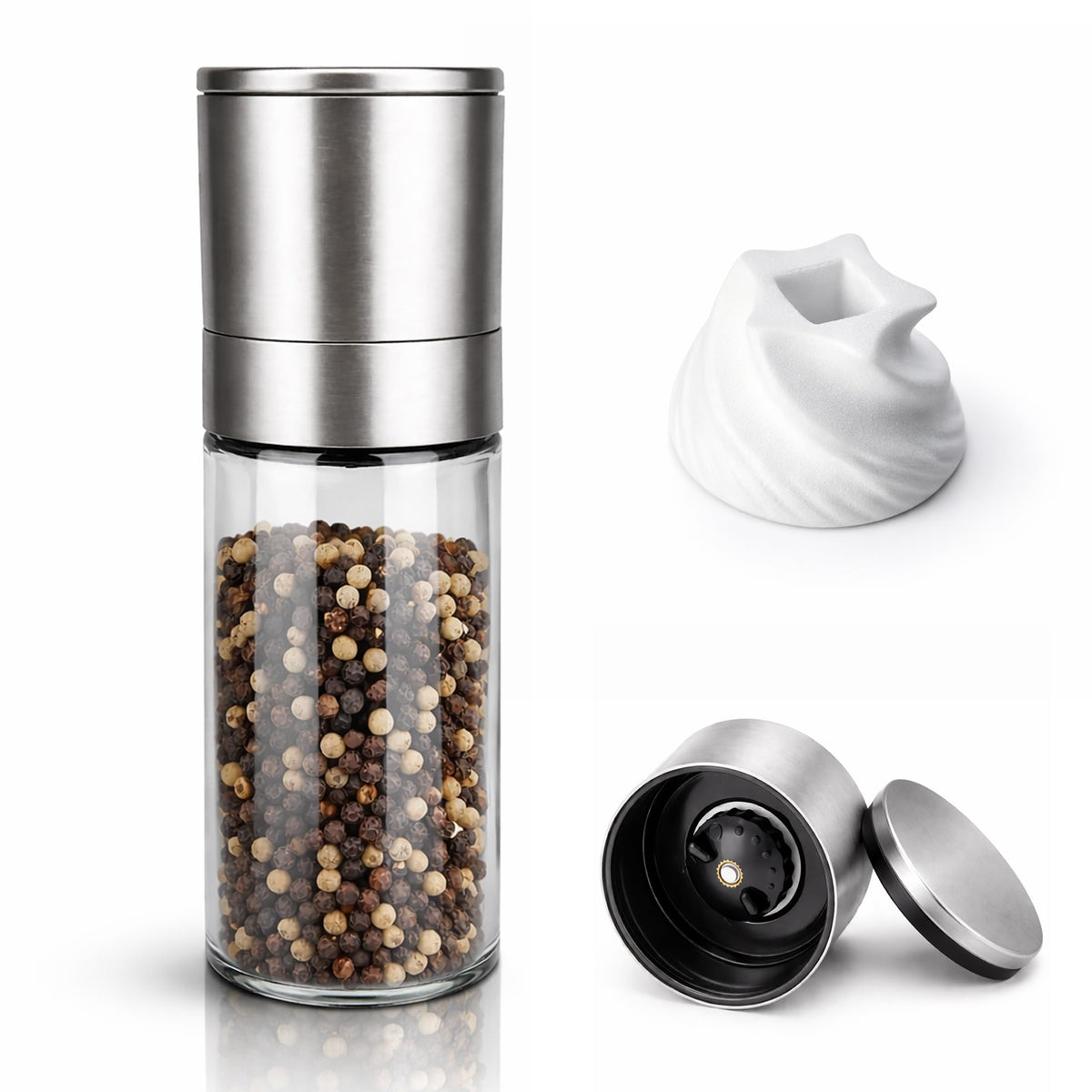 Professional Salt or Pepper Grinder with brushed stainless steel and clear glass