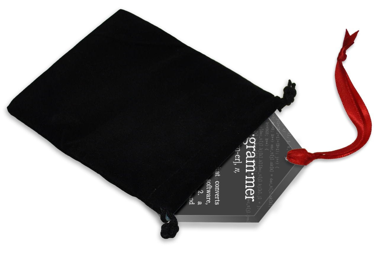 Includes red ribbon and black velvet gift bag for storage
