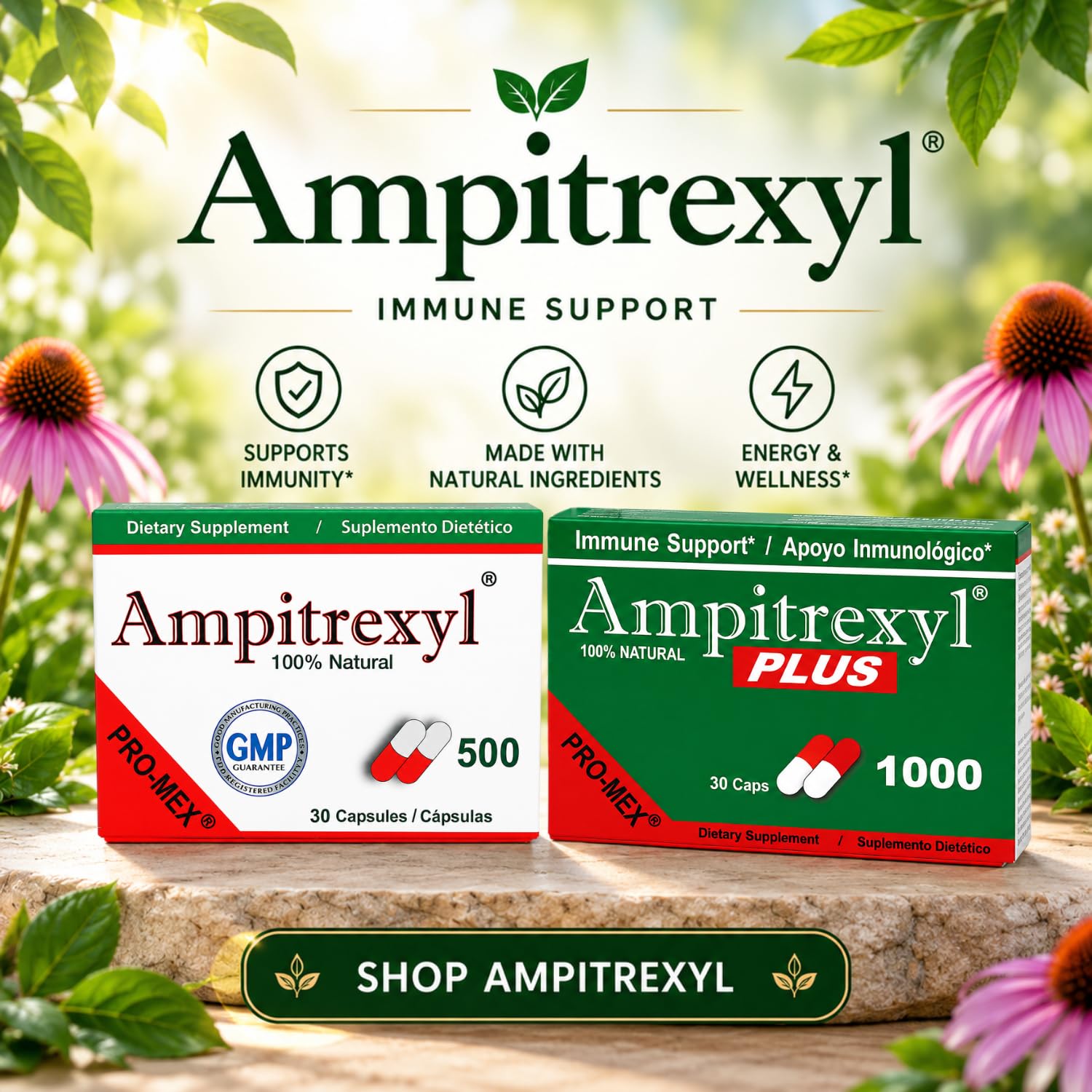 Ampitrexyl Plus 30 count bottle showing ingredients