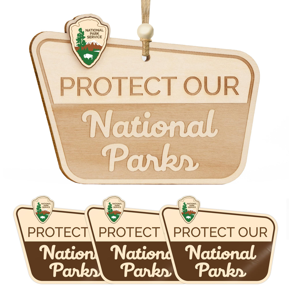 Engraved Protect Our National Parks ornament on wood