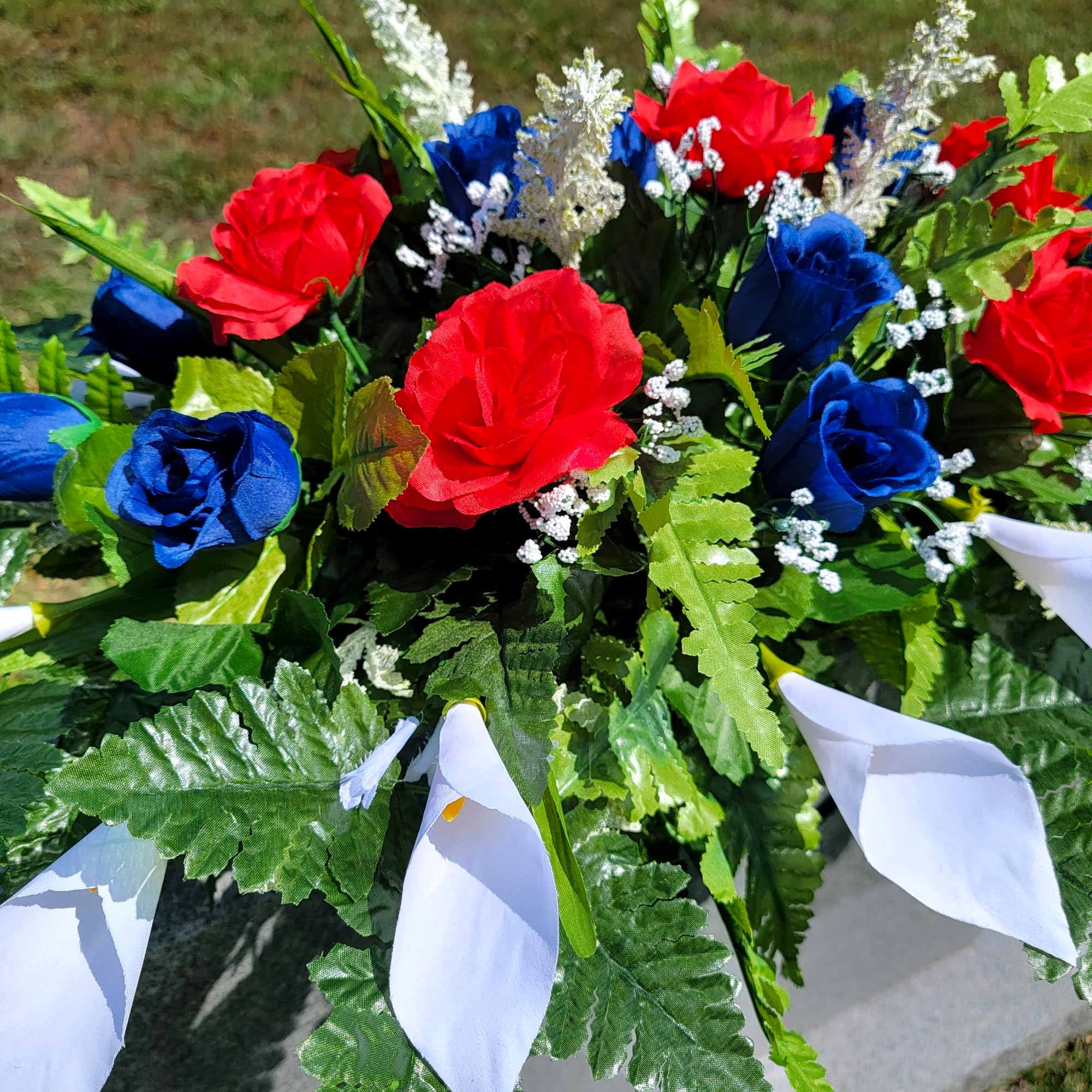Red white blue silk flowers including baby-breath and silk-fern