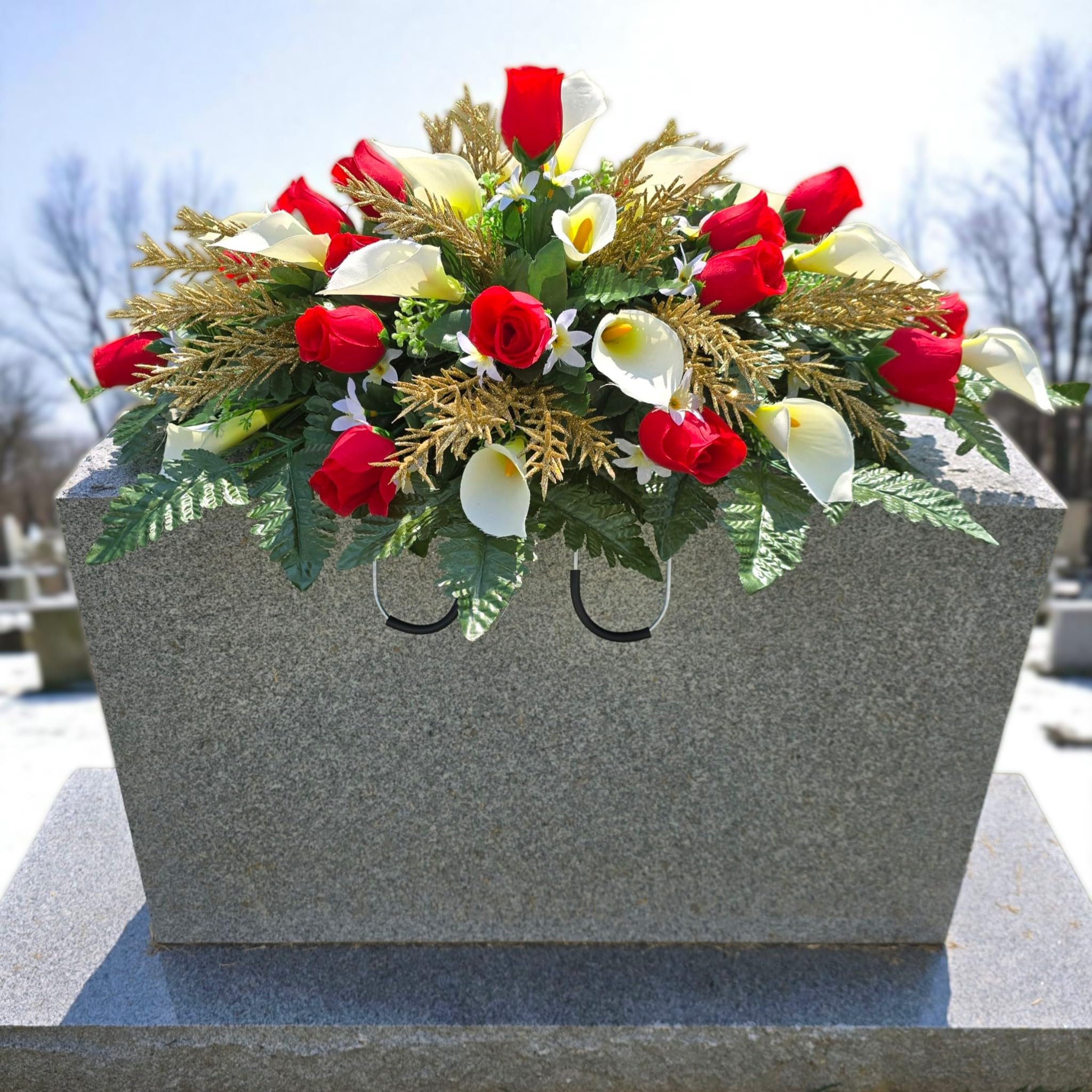 Silk fern accent on cemetery saddle