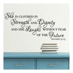 Proverbs 31:25 wall decal 24x11 inches matte finish