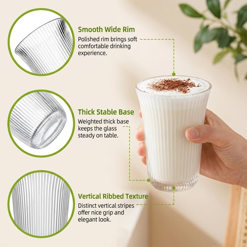 3.5 in diameter by 4.7 in height ribbed glass tumbler