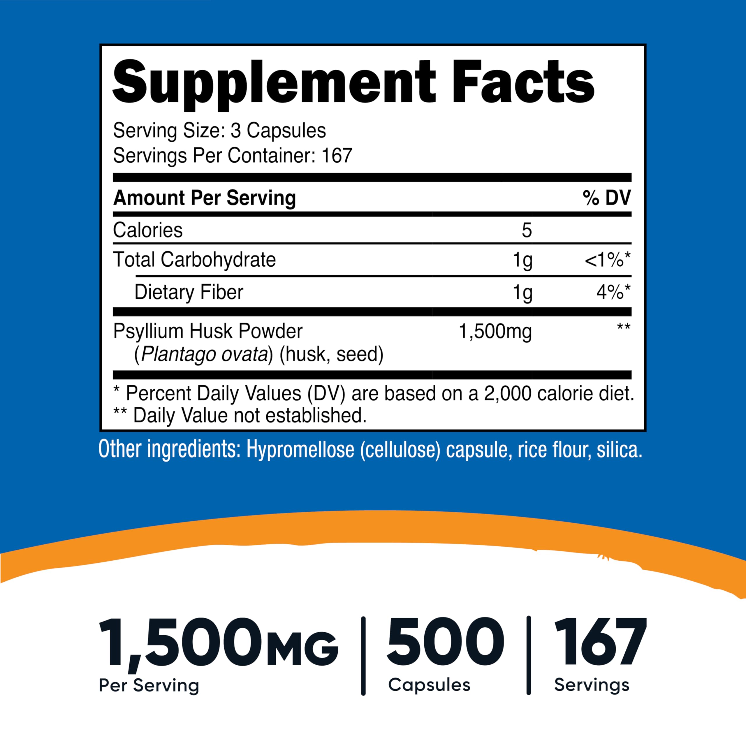 Psyllium husk 1500mg capsules by Nutricost gluten free packaging