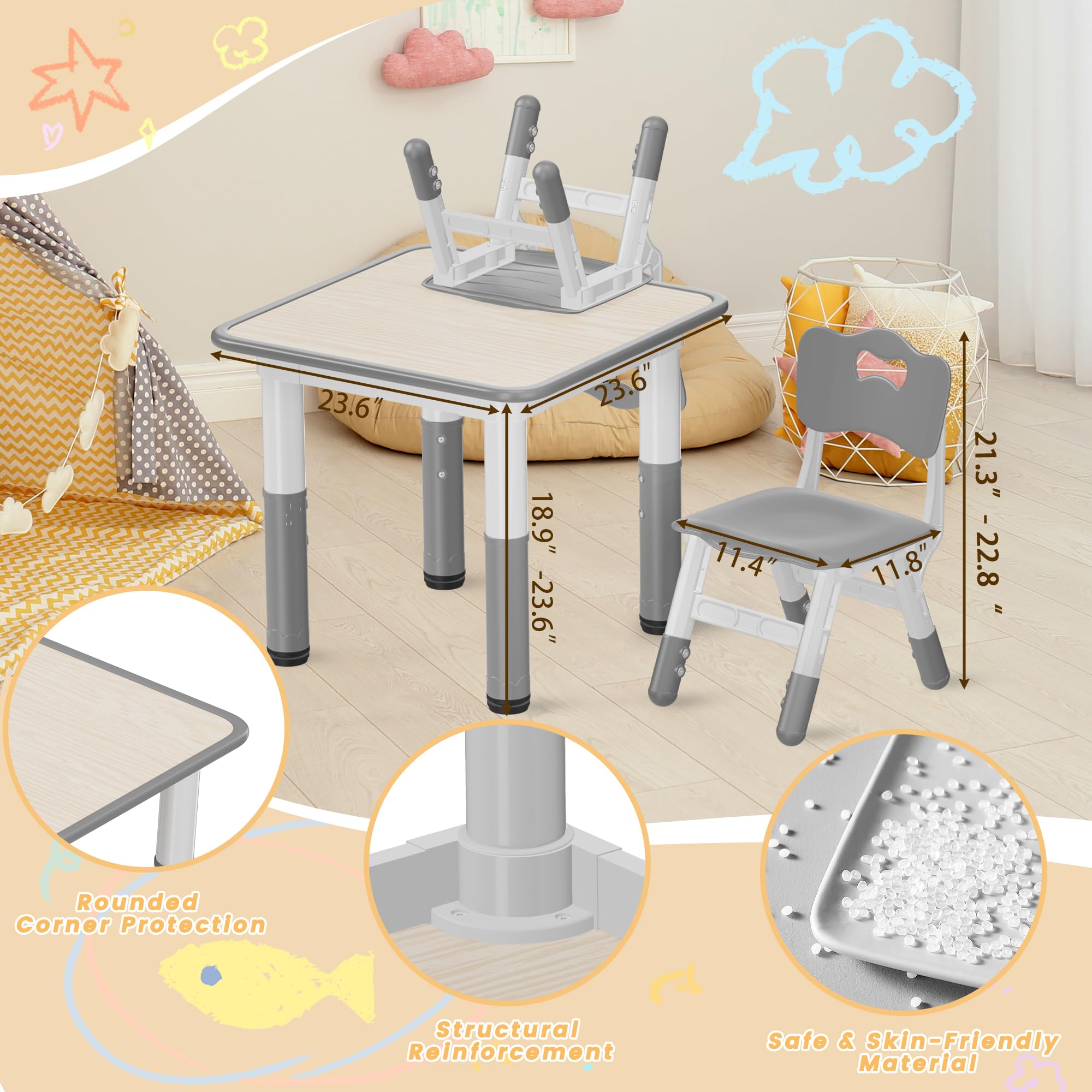 Height adjustable table and chair set for toddlers