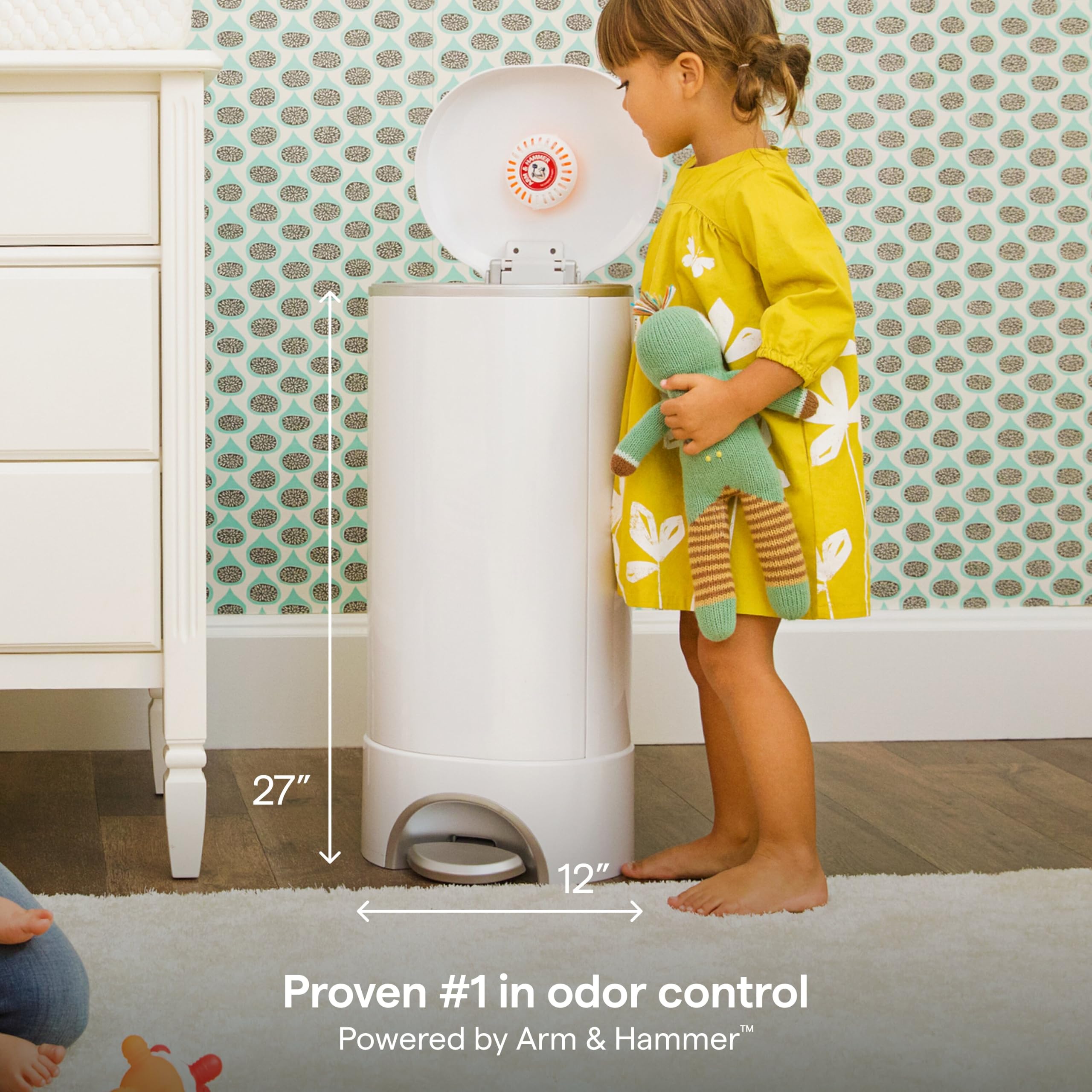 Nursery ready Munchkin STEP Diaper Pail with modern design