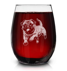 Pug dog vintage engraved stemless wine glass 15 oz capacity