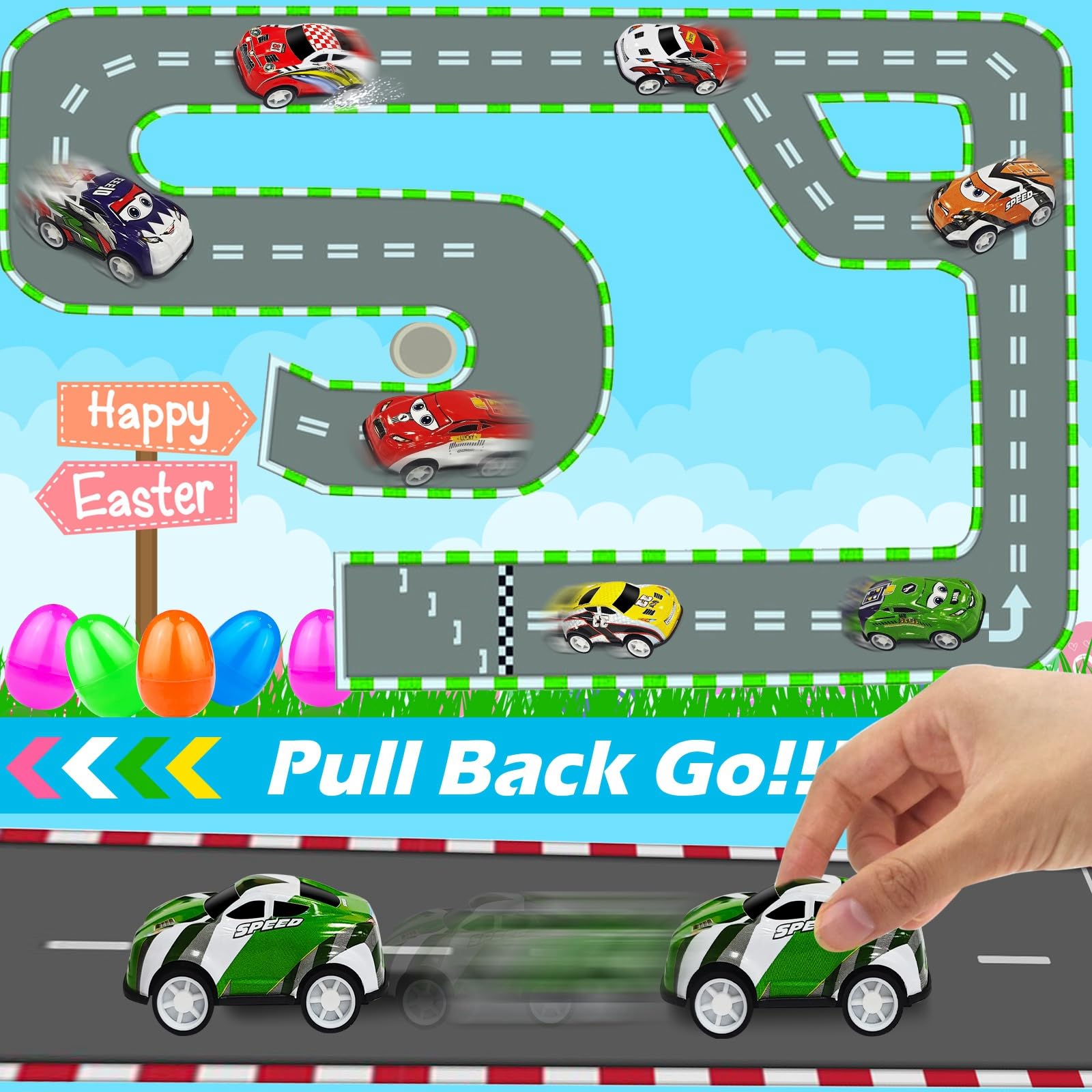 Pull back car toys inside eggs AMENON