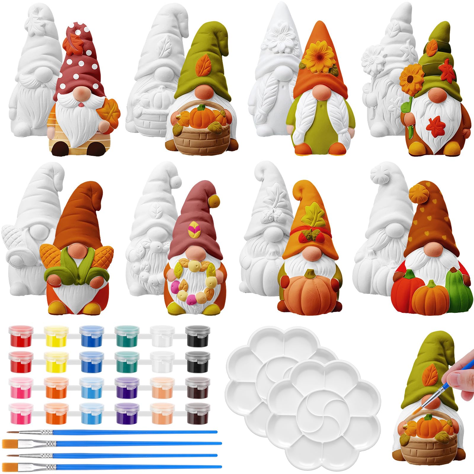PullCrease 8 Pcs Fall Gnome Ceramics to Paint Kit unpainted gnome figurines palette and paints