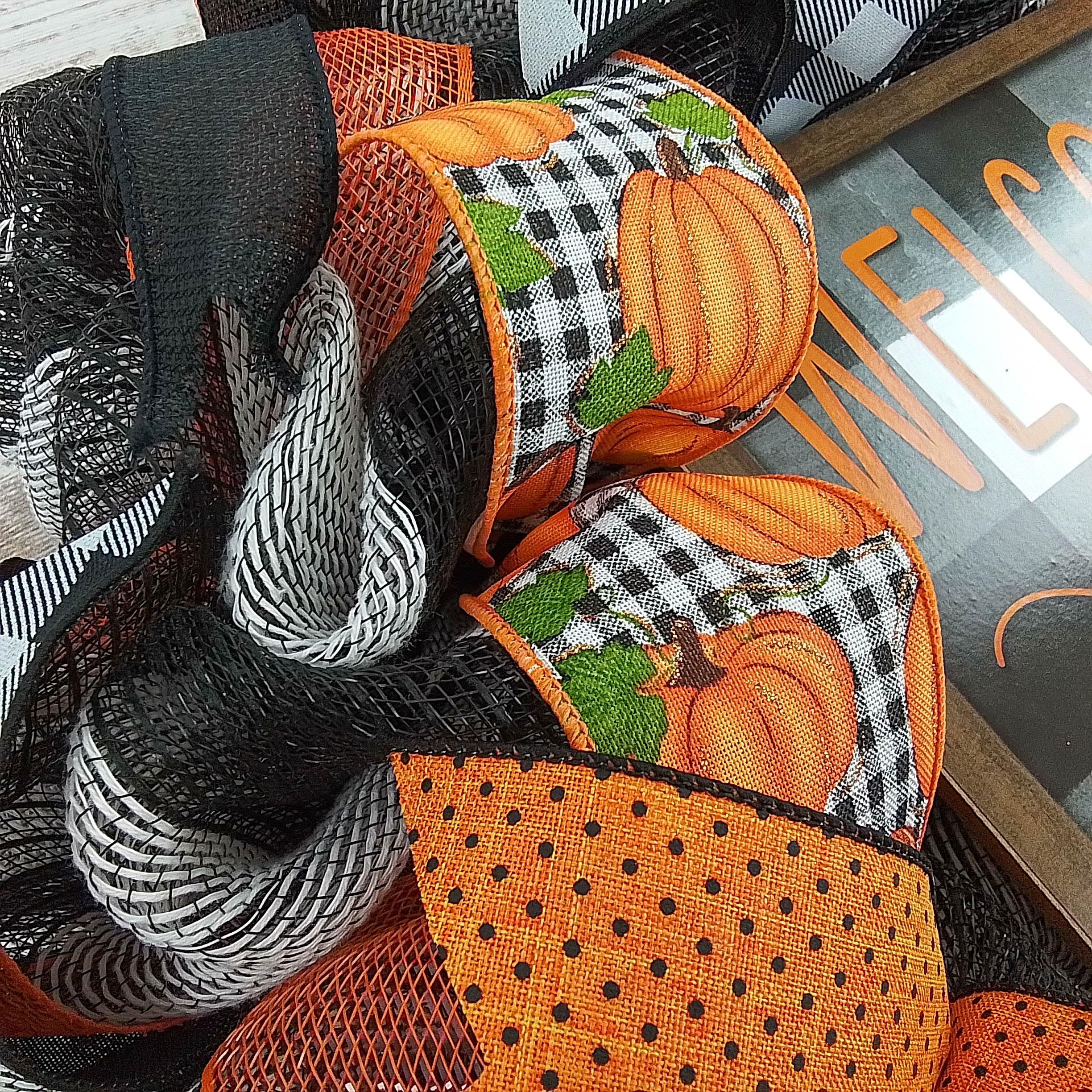 Pumpkin door wreath autumn theme with black orange farmhouse colors