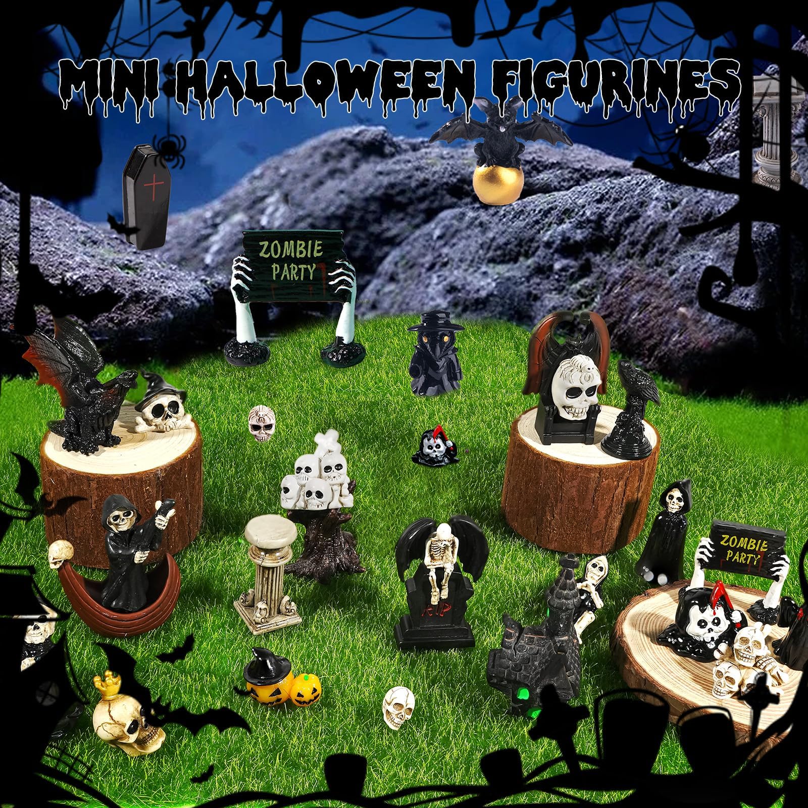 Halloween village display with resin figurines