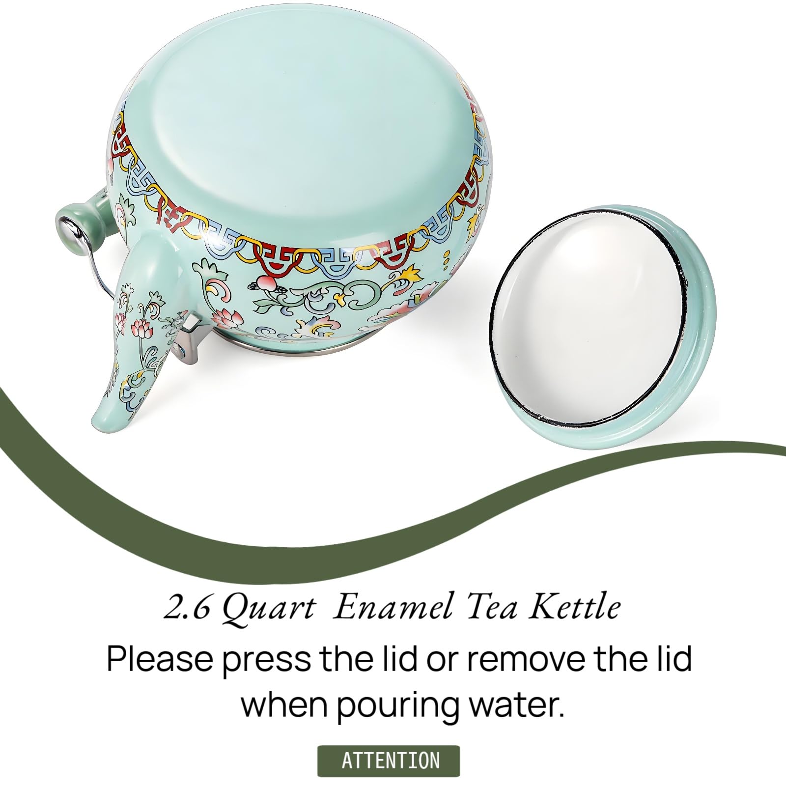 Close up of colorful floral enamel finish on steel kettle