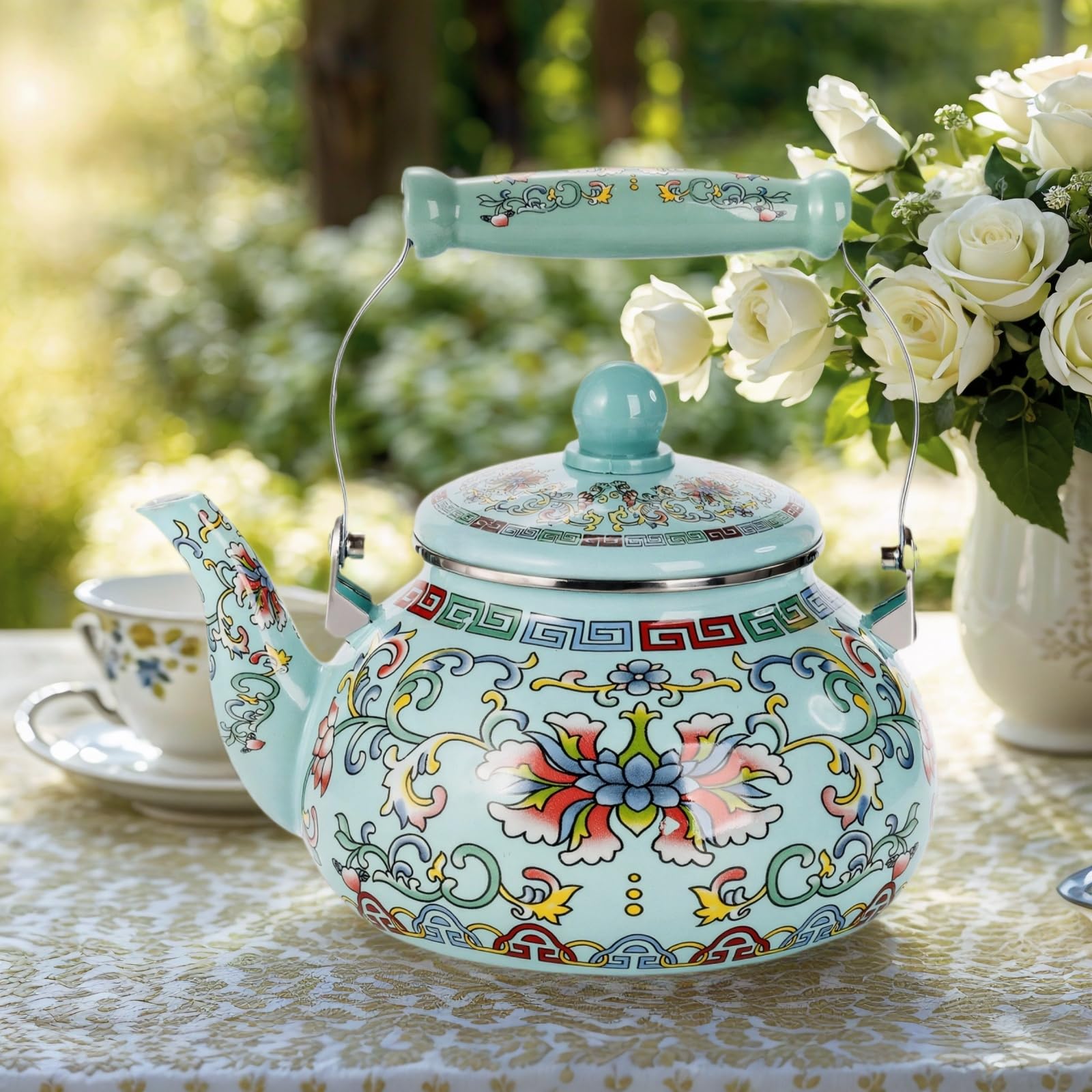 Gift ready floral enamel tea kettle on display