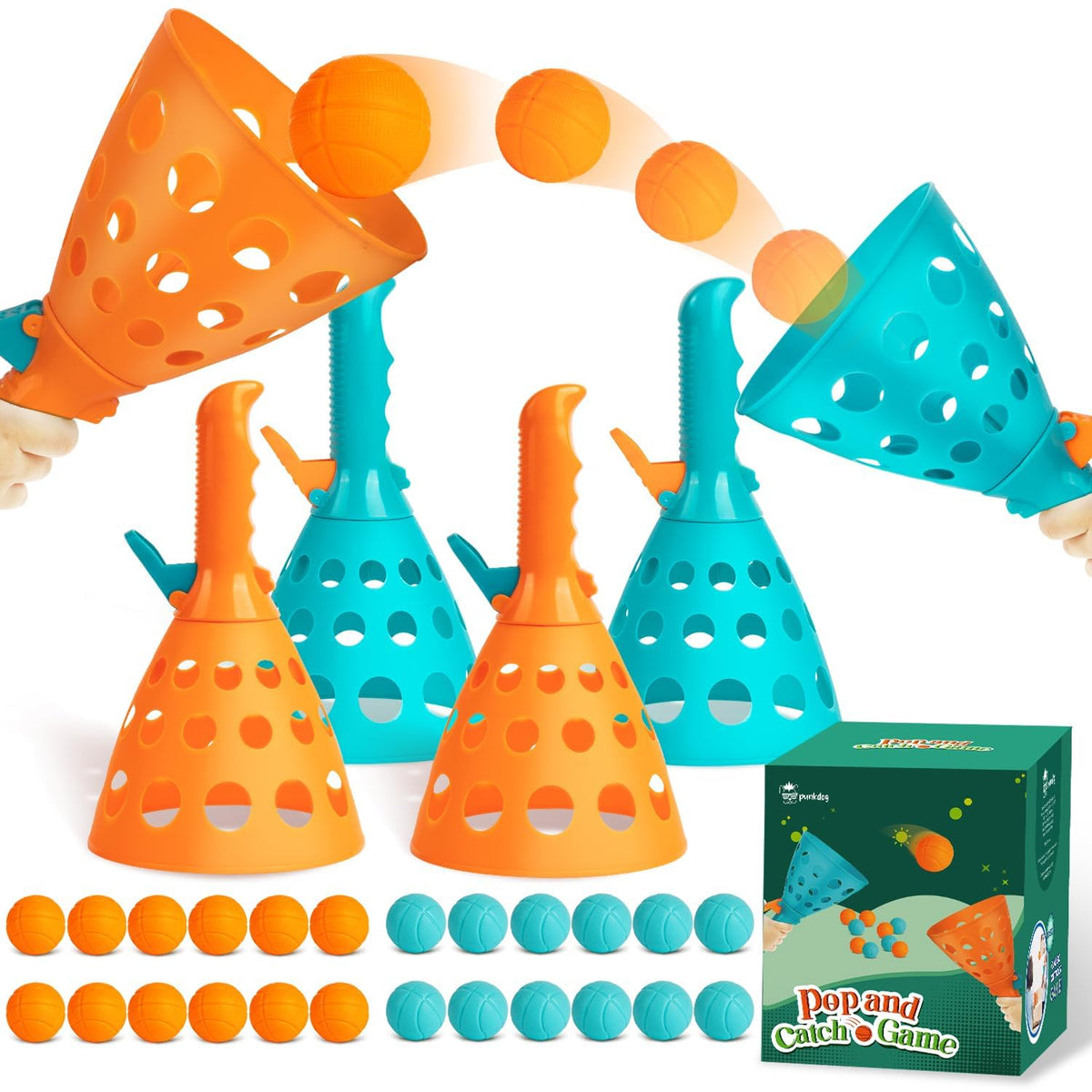 Punkdog Pop and Catch Ball Game with 24 balls and 4 launcher baskets