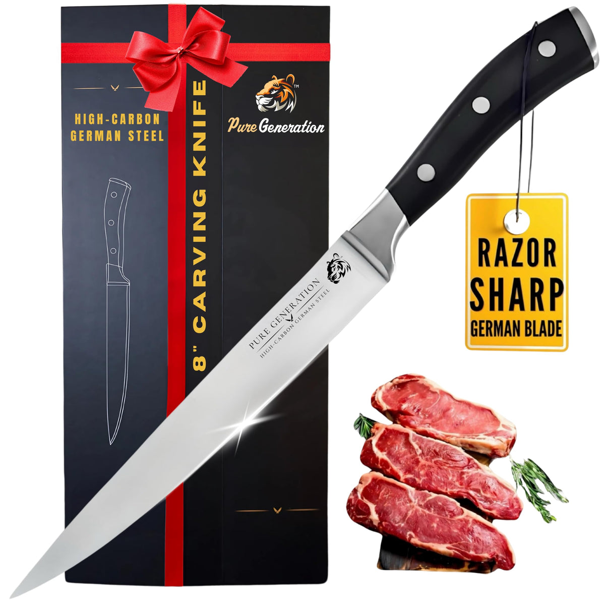 Pure Generation 8 inch carving knife blade with ergonomic handle