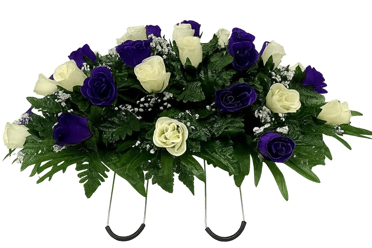Purple and Cream Rose Cemetery Saddle for grave headstone decoration