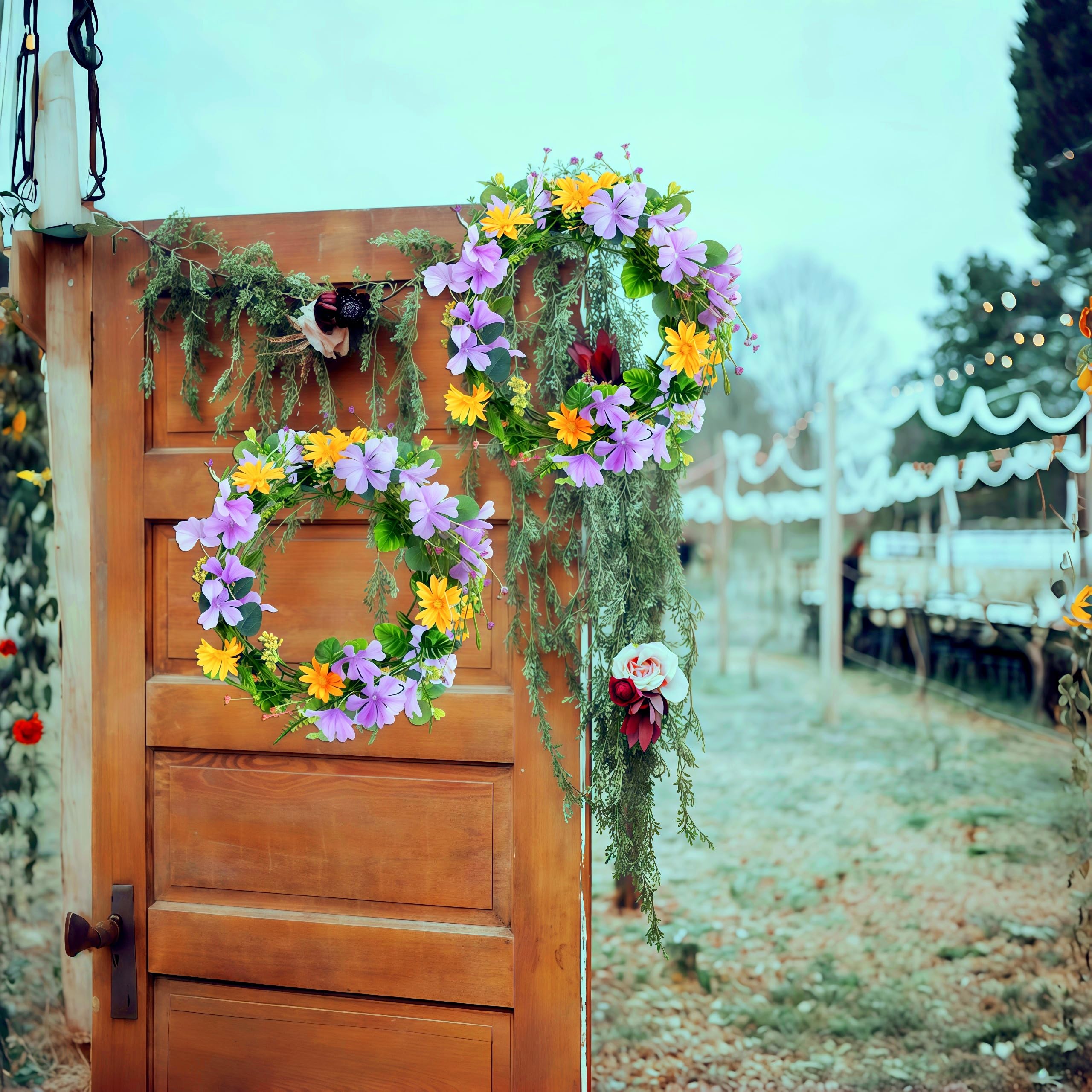 Garland with purple flowers and eucalyptus for decor