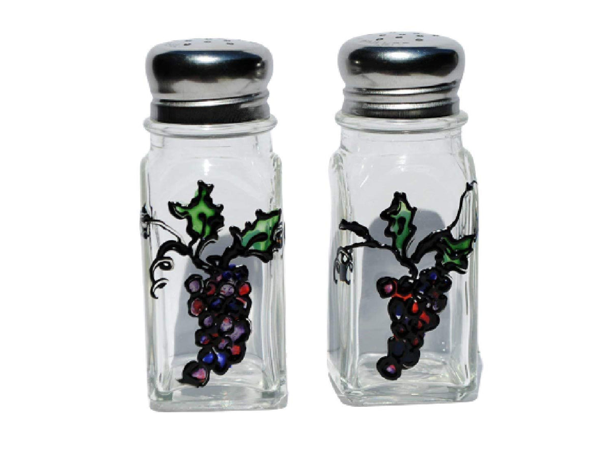 Purple Grapes Leaves Vine hand painted glass salt pepper shakers 4 inches tall