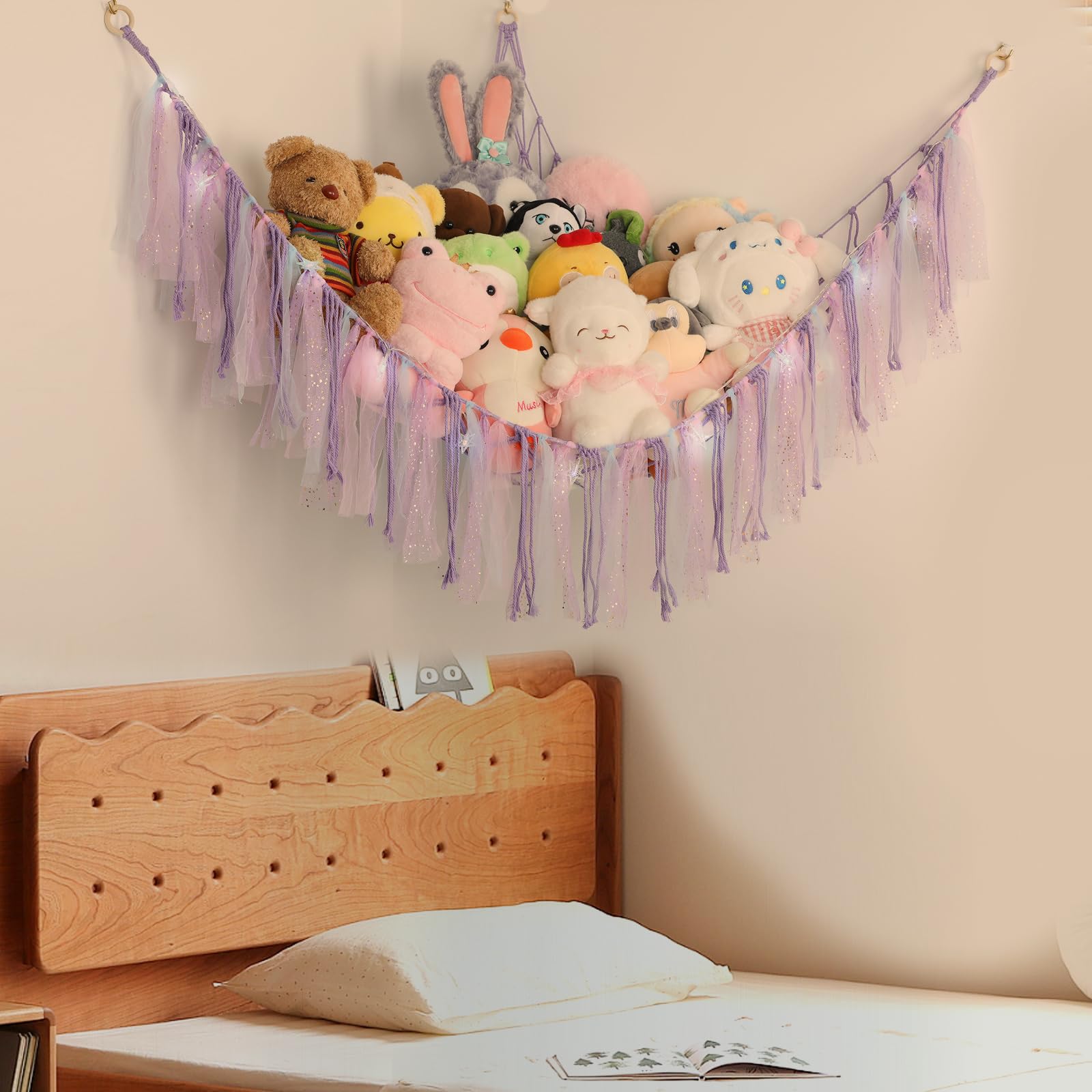 Nursery decor friendly stuffed animal storage hammock purple