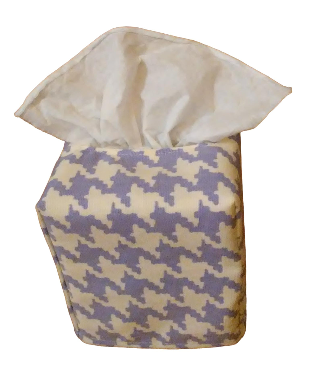 Purple houndstooth fabric tissue box cover in square design