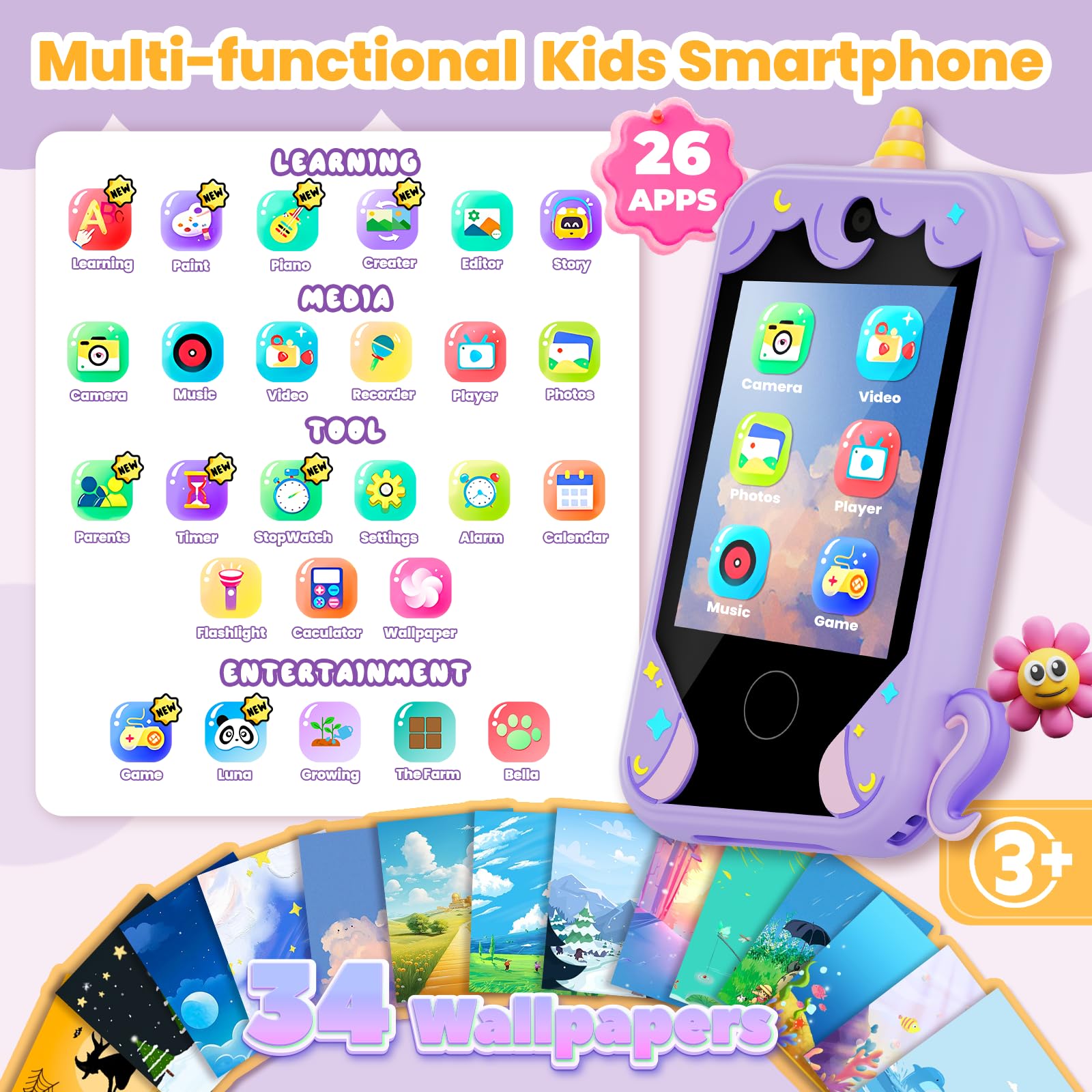 Purple kids smartphone toy showing dual cameras