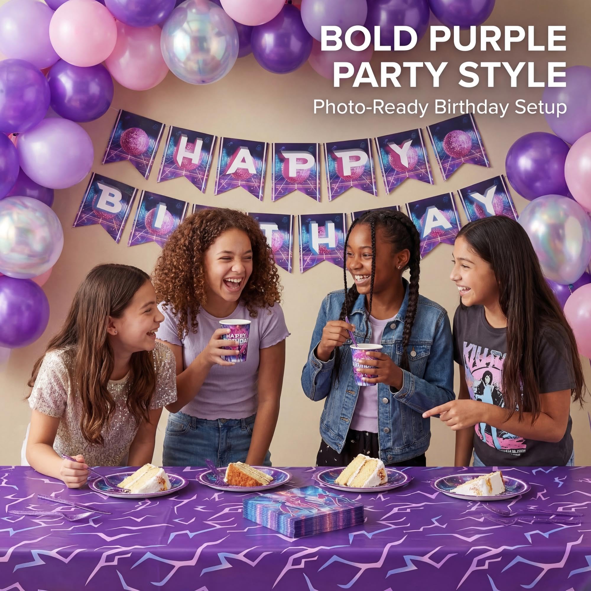 Purple ribbon and coordinating tablecloth for party