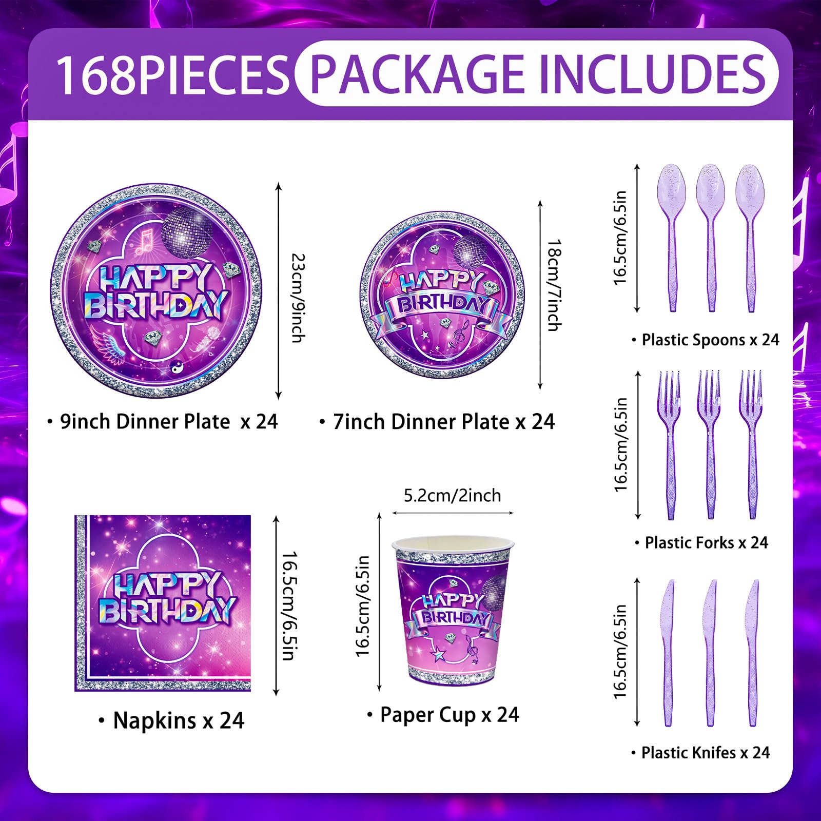 Purple tableware set with plates napkins and cups for music party
