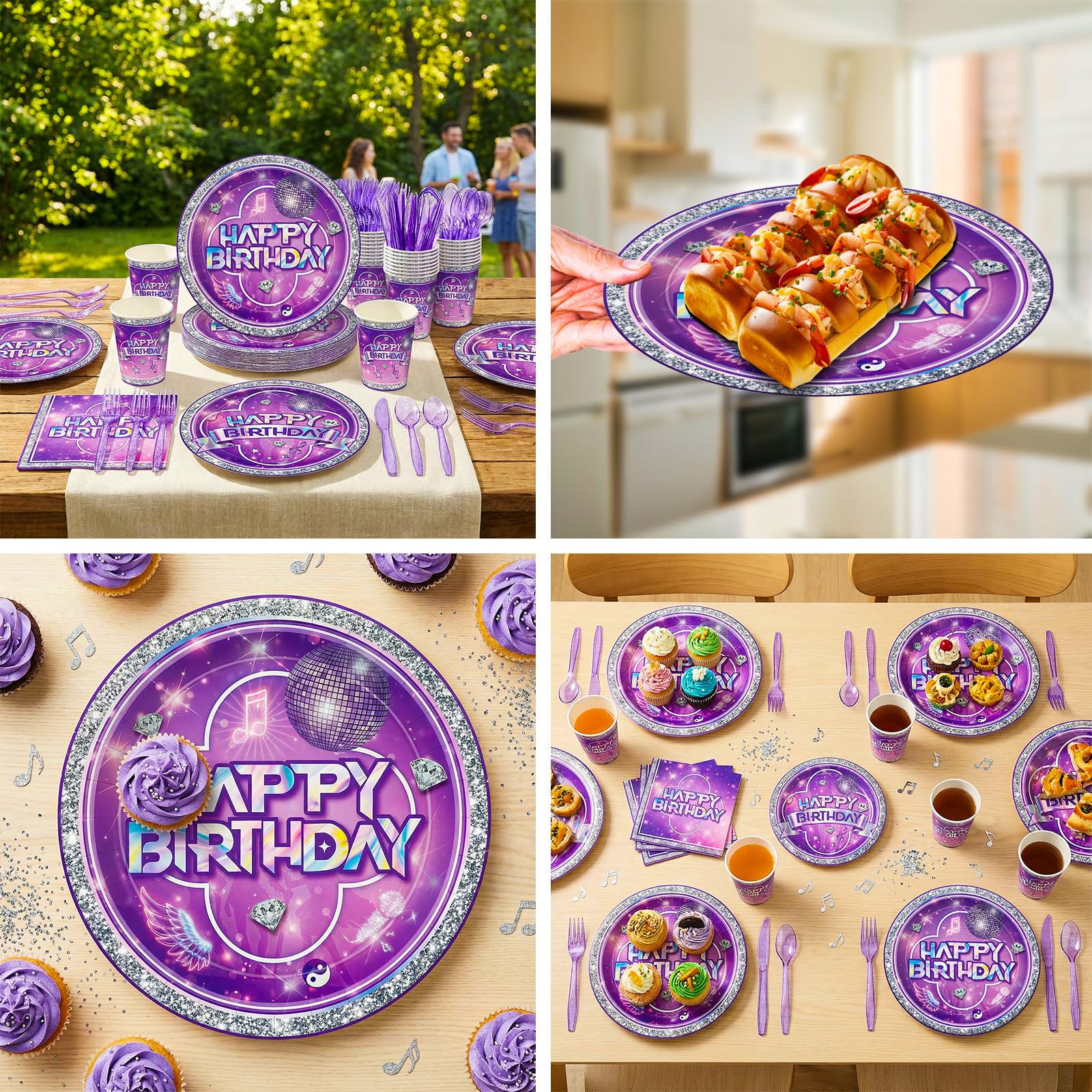 Purple utensils including knives forks and spoons for party