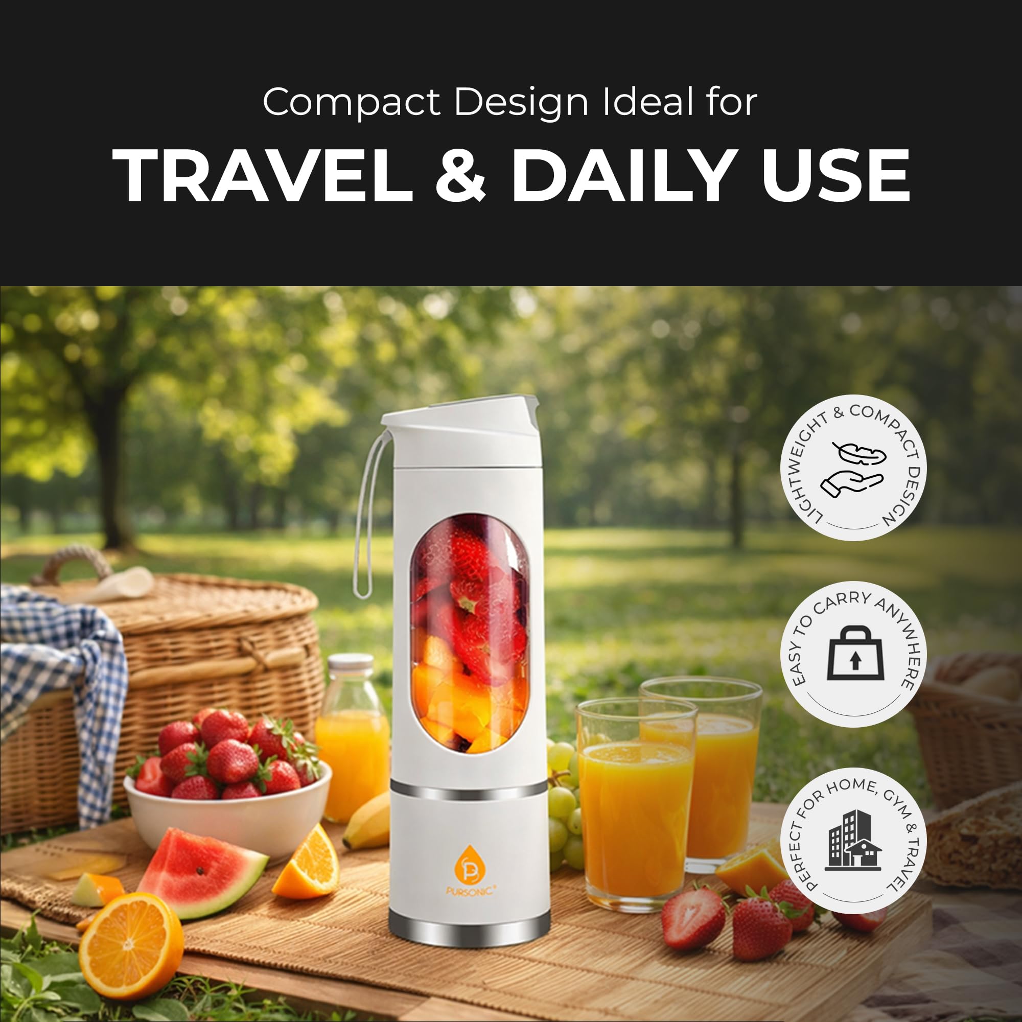 Compact 15.2 oz Pursonic blender cup designed for travel