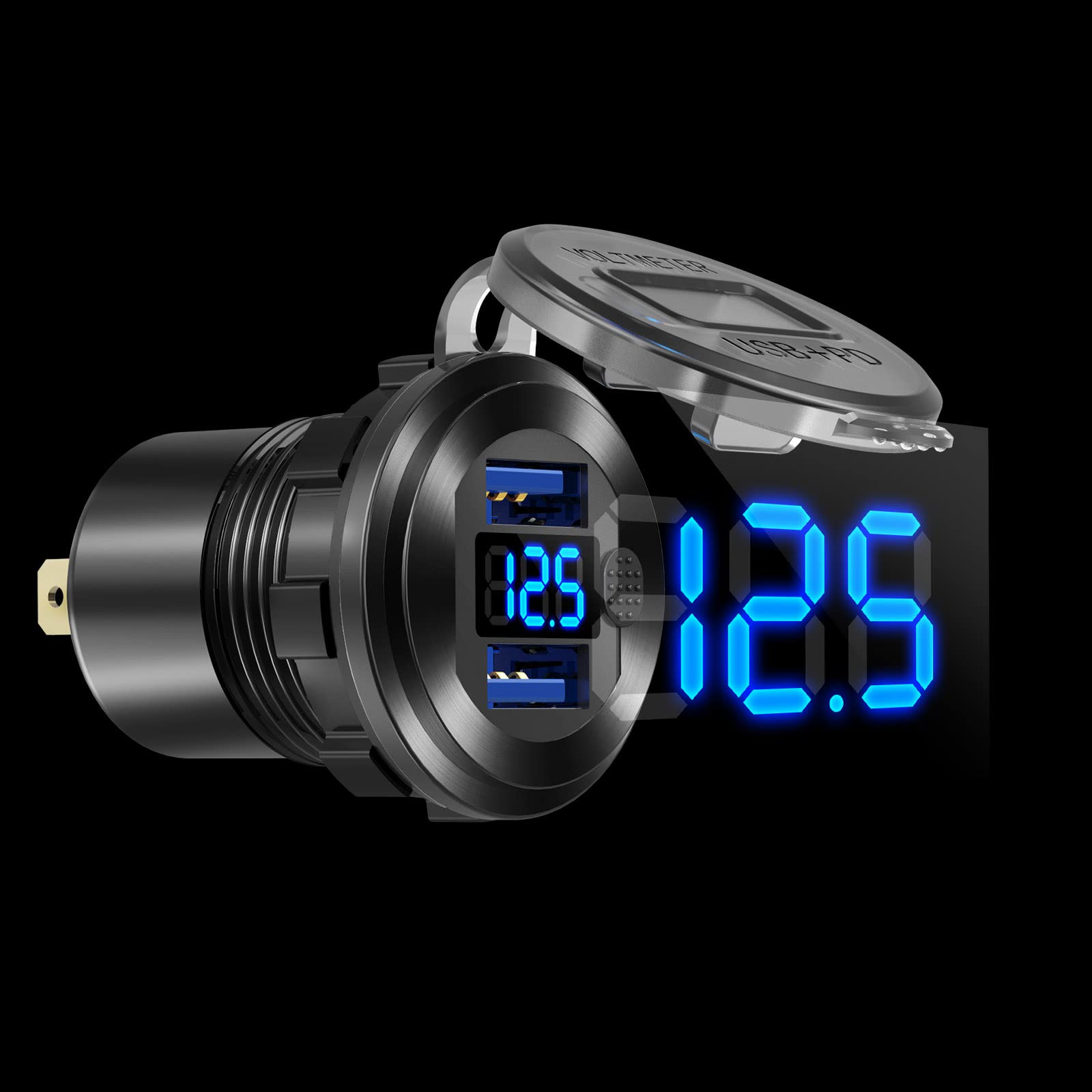 blue LED voltmeter displays vehicle voltage on charger