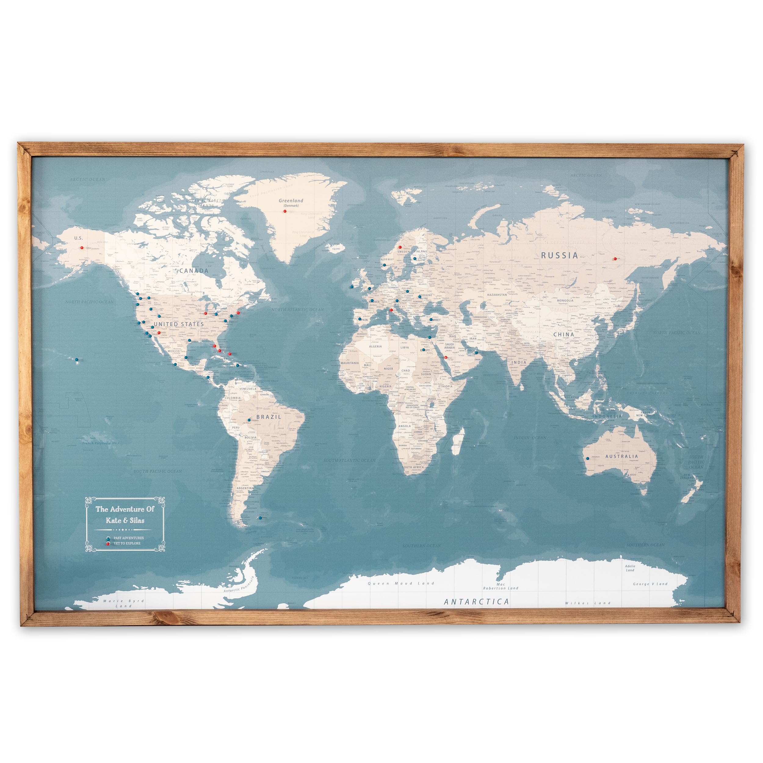 Push Pin World Map WPM01 in handcrafted natural wood frame with pins