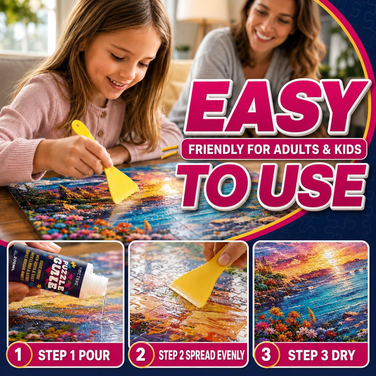 Puzzle glue dries clear and frame-ready