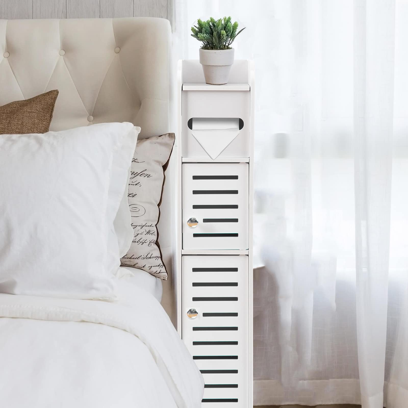 Bottom shelf stores bathroom accessories in cabinet