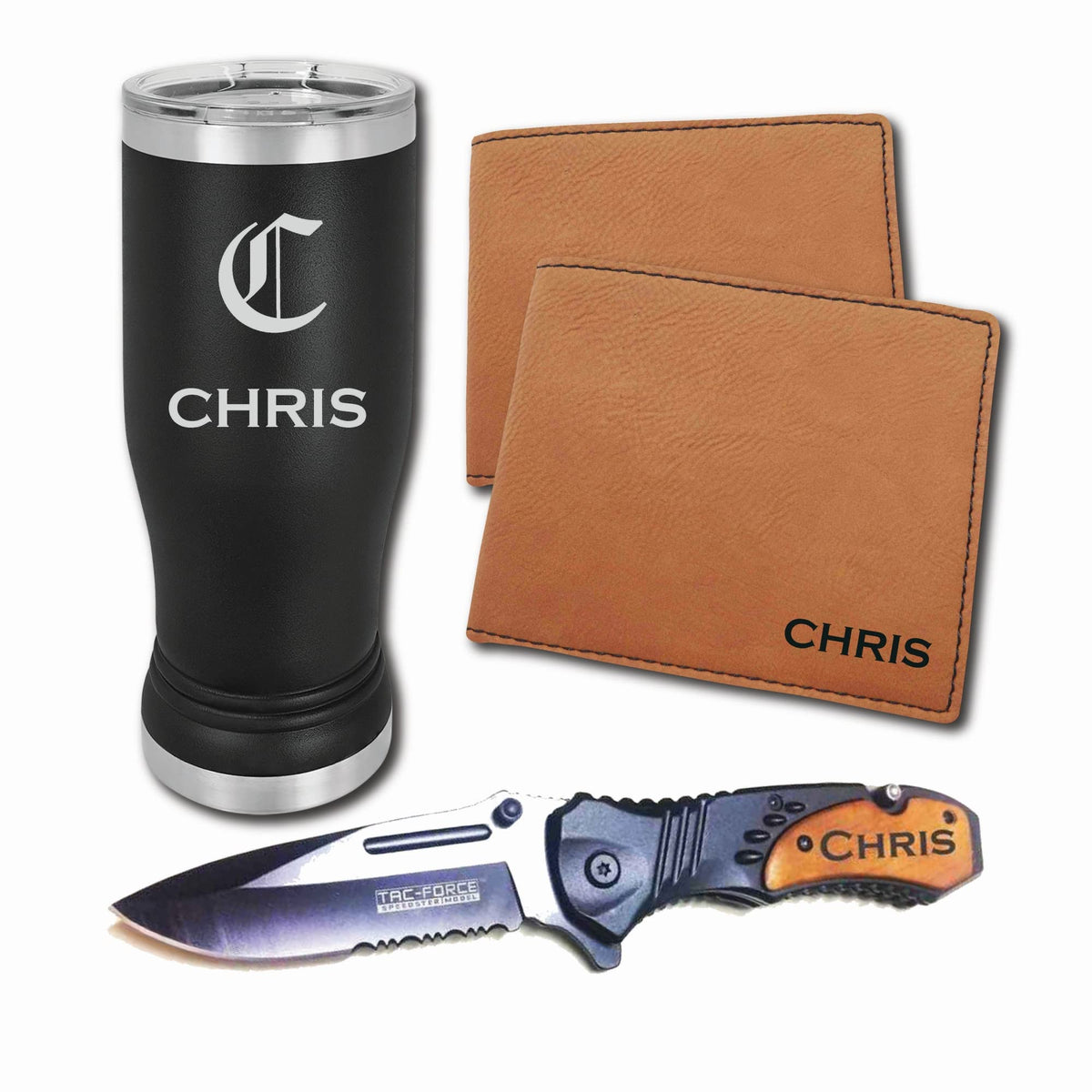 PWEngraving Engraved Gift Set pocket knife wallet tumbler