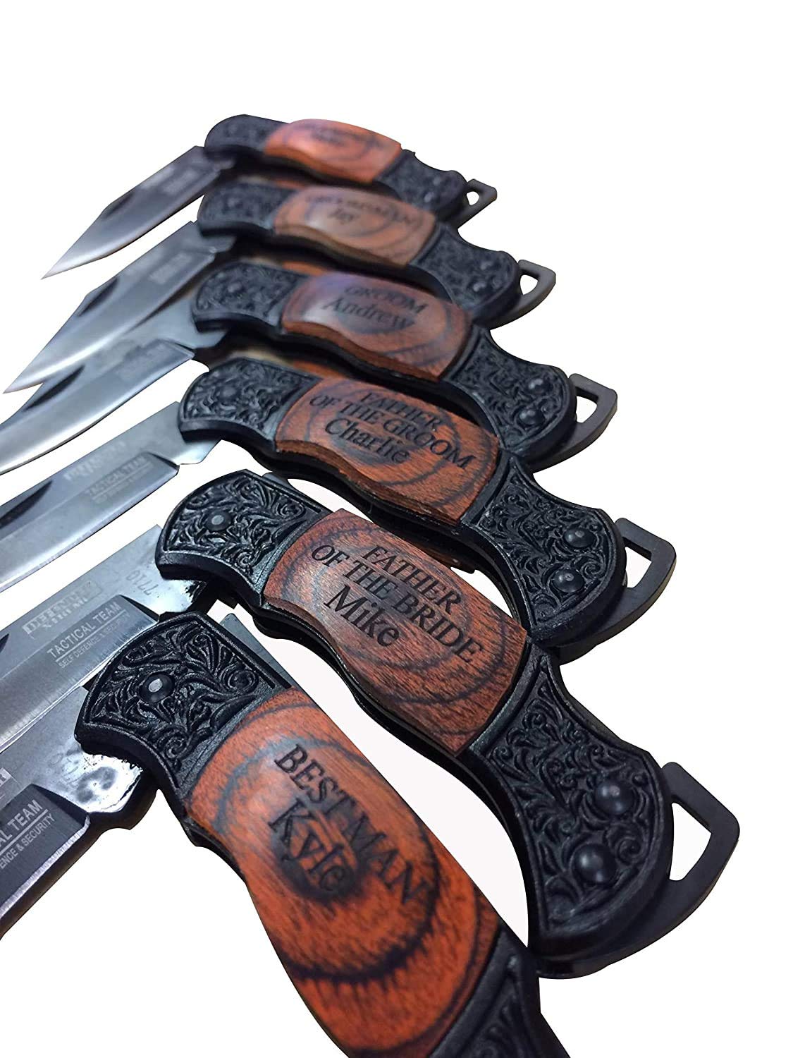 PWEngraving groomsmen knife set 7 pocket knives black blade wooden handles